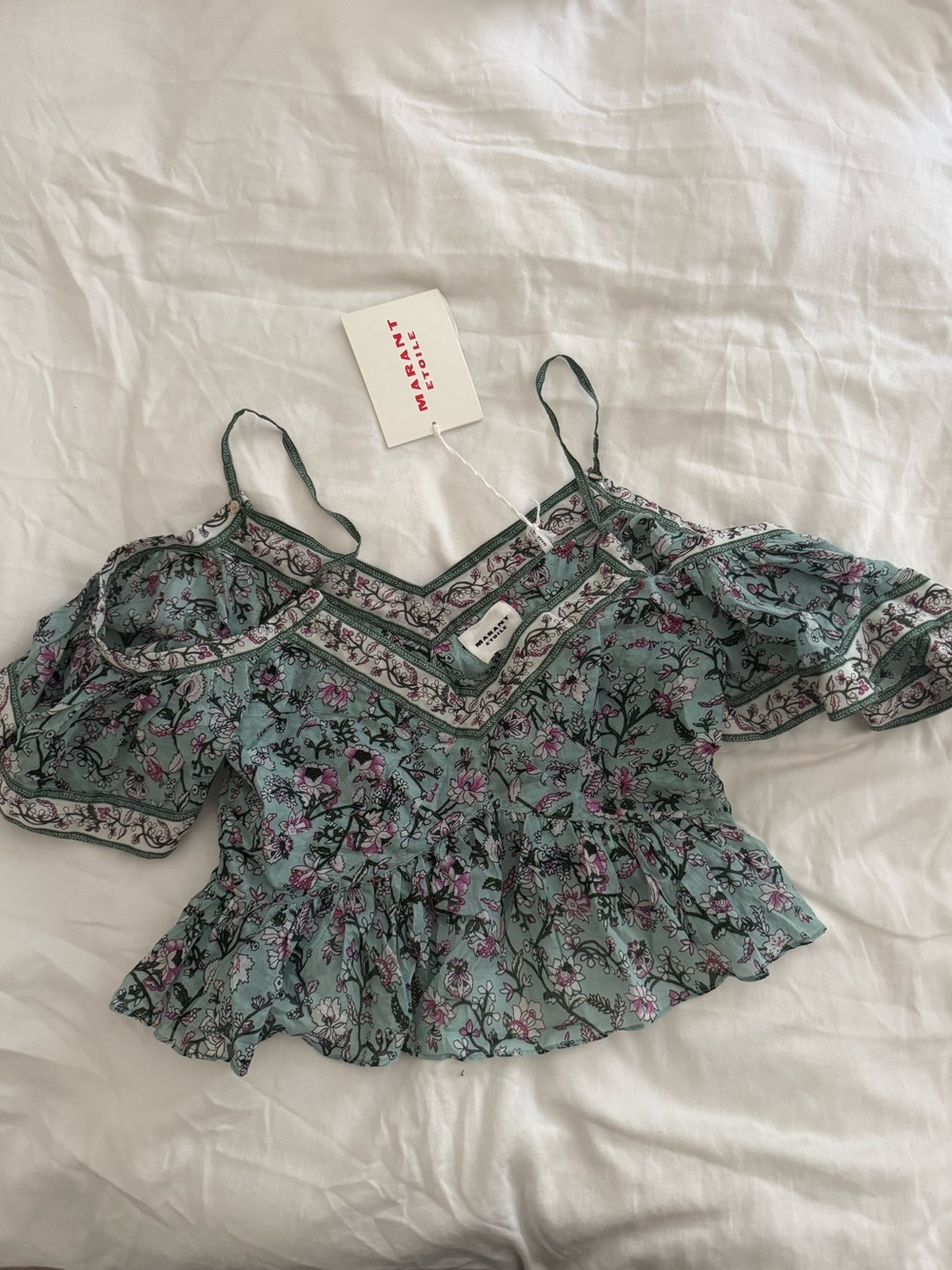 Isabel Marant Etoile Garuva Off-Shoulder Cotton Blue Floral Top